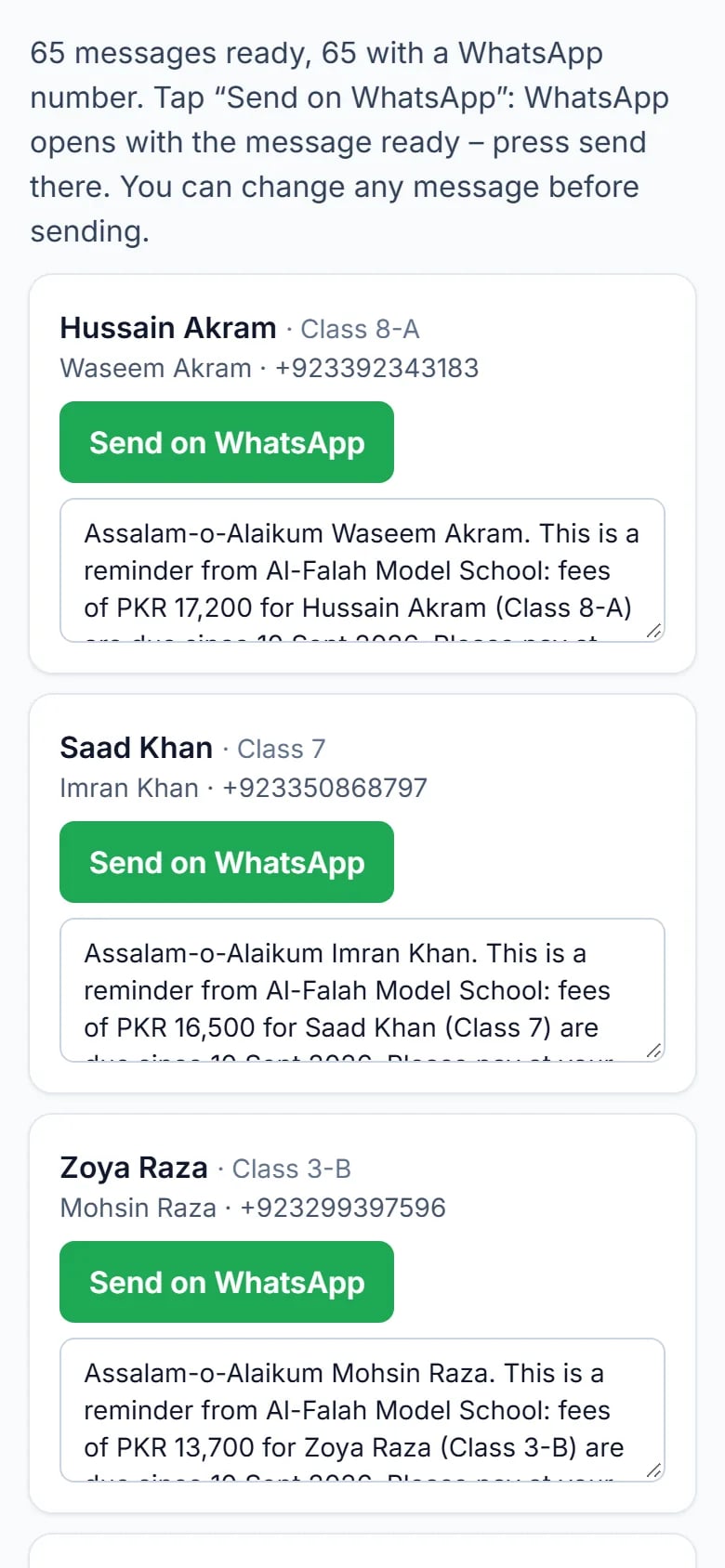 Preparing WhatsApp fee reminders for parents on a phone